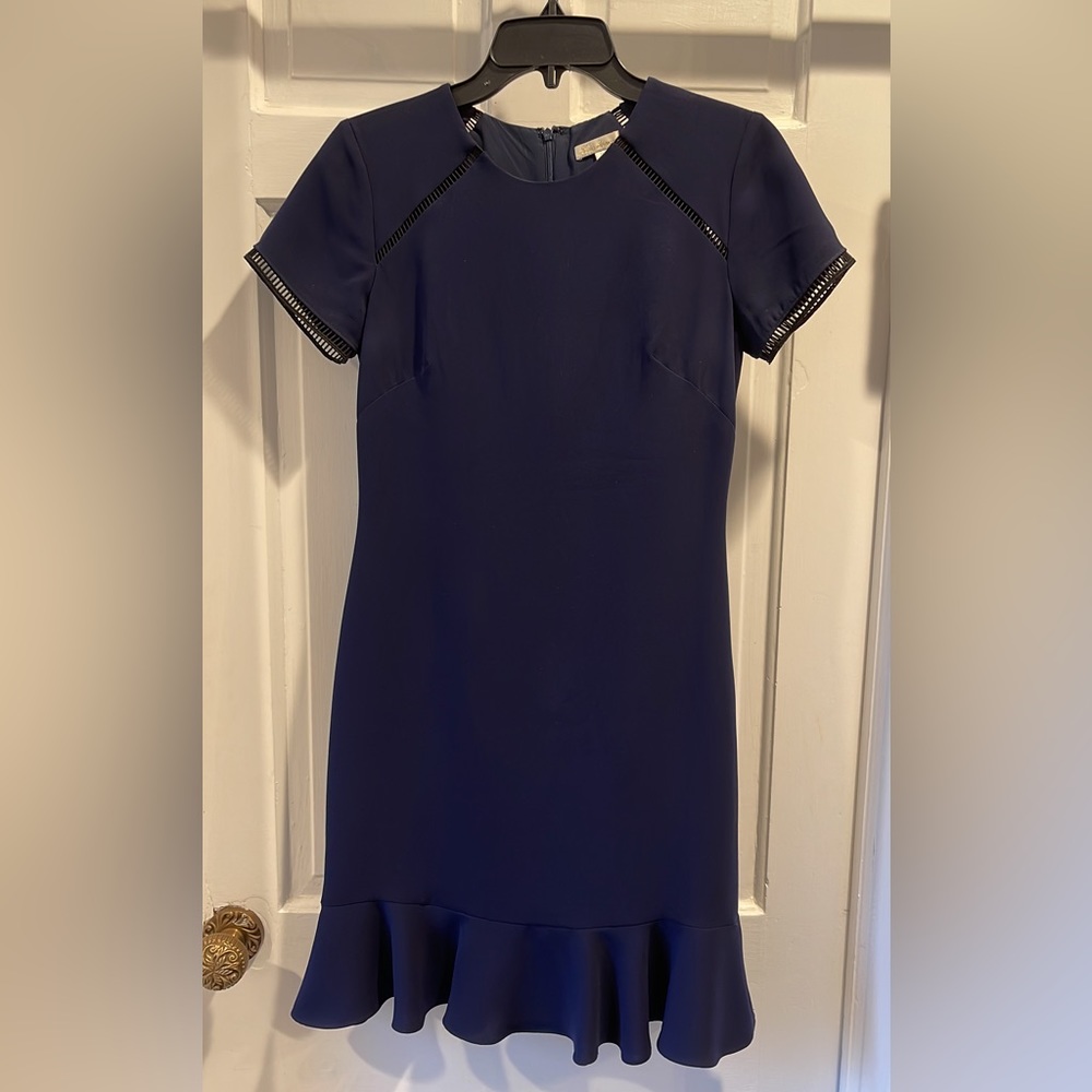 Shoshana ruffle hem with lace detail on neck and sleeve Navy dress size 2.